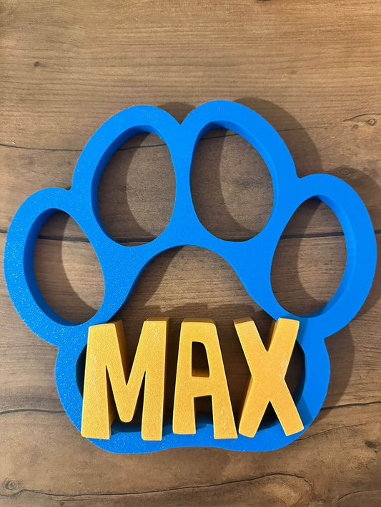 Huella de Perro Personalizada con Nombre en 3D azul y amarillo nombre personalizado MAX